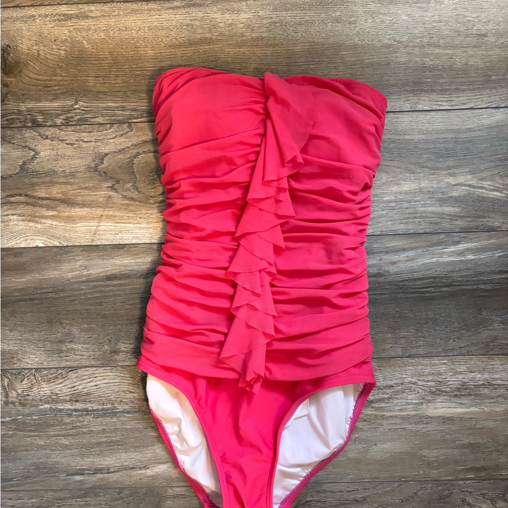 Pink Ruched One Piece Swimsuit Ruffle Front Tummy Control Size 10 - Picture 3 of 7